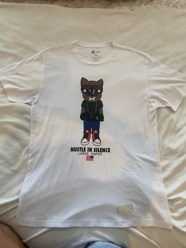 Large Paper Hustle In Silence Cat Graphic Men’s T-Shirt L White Cotton