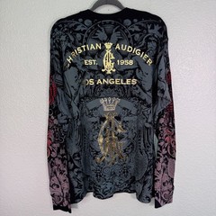 Christian Audigier Shirt Mens XL Thermal Skull Rose Rhinestone Y2K Tattoo NEW