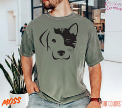 Dog and Cat Split Face T-Shirt – Minimalist Pet Lover Graphic Tee – Cute Dog Cat