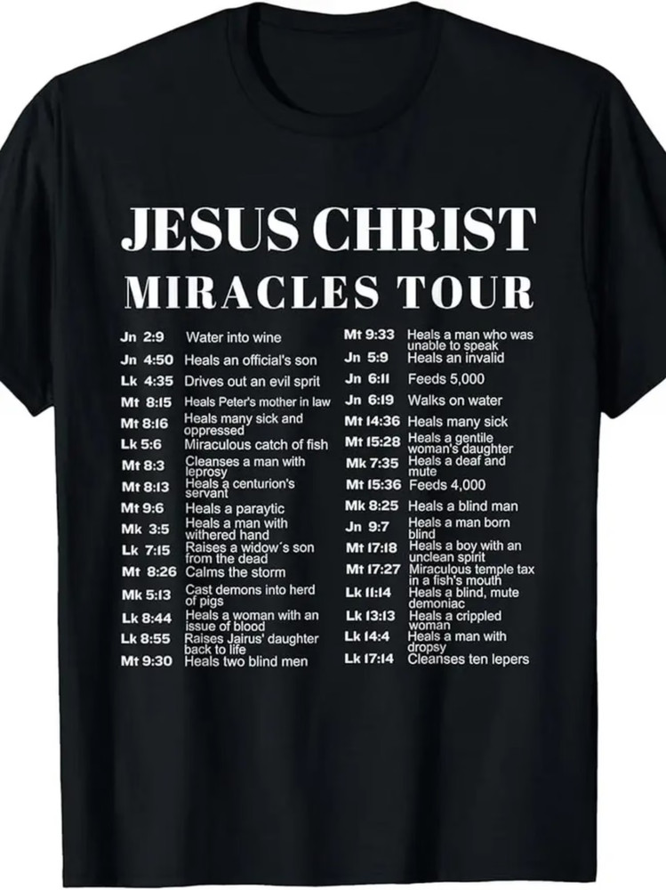 Jesus Christ Miracles Tour Print T-Shirt, 100% Cotton Crew Neck Tee