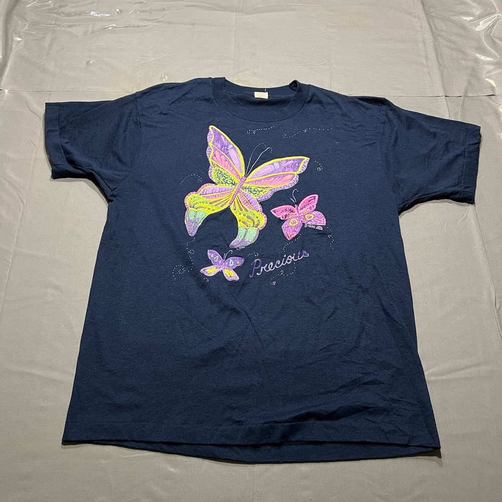 Vintage Butterfly T Shirt 1989 Single Stitch Screen Stars PolyCotton Navy M Fit