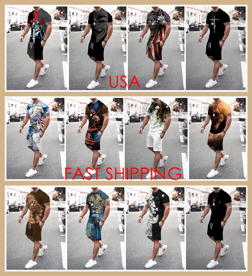 T Shirts Men’s Sport Beach Short Sleeve Graphic Tee & Drawstring Shorts Suit SET