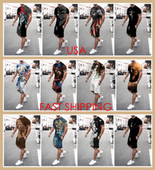 T Shirts Men’s Sport Beach Short Sleeve Graphic Tee & Drawstring Shorts Suit SET