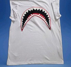 Eternity BC/AD White T-Shirt Chenille Shark Mouth Patch Beach Jaws Attack Sz M