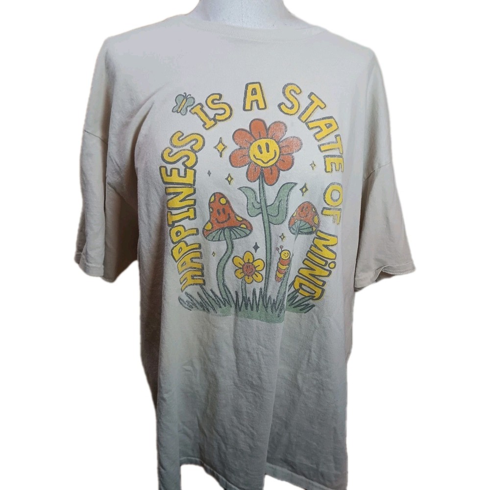 DOM 100% Cotton Retro Distressed Mushroom Smile Flower Graphic Tee T-shirt 2XL