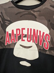 A Bathing Ape Shirt Mens L Black Ape Face Camo Panel Tee Taped Sleeve Contrast