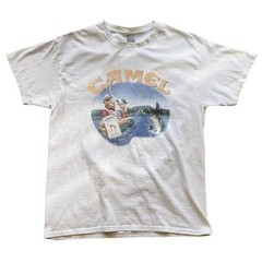 Camel Smoking Joe Fly Fishing White Tee, Vintage Promo Tee From The 90s Y2k