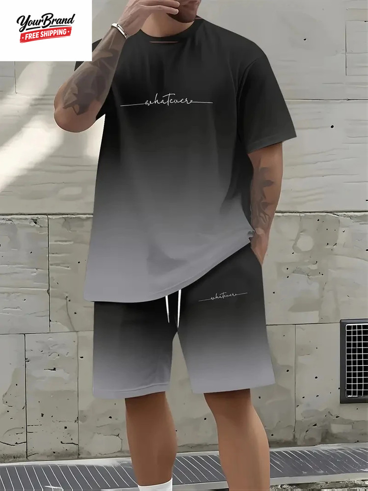 Fashion Paris Print T-Shirt Shorts 2-Piece Set Men’S Short Sleeve Tee Elastic Wa
