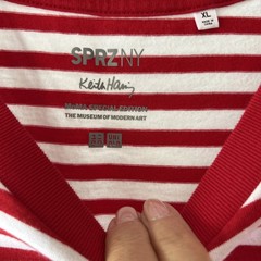 Keith Haring SPRZ NY T-Shirt Red & White Striped Embroidered Pop Art EUC