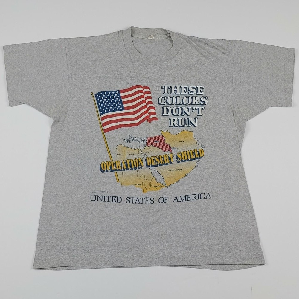 Vintage 1990 Operation Desert Shield Colors Don’t Run Shirt USA Flag Rare Army