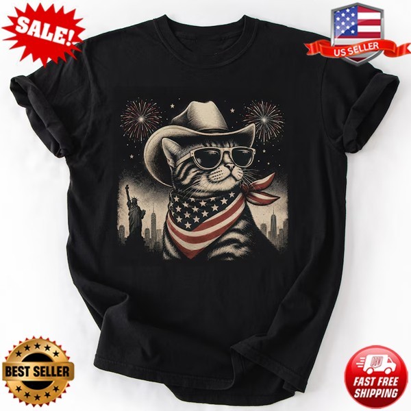 Patriotic Cat Shirt, Cowboy Cat Graphic Tee, American Flag Cat T-Shirt S-3XL