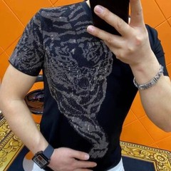 New Hot Drilling Fashion 3D Tiger Rhinestones Summer Luxury Men Black T-Shirt