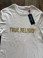 True Religion Med Shirt Men Large White Optic Tee Gold Metallic Logo Print NWT