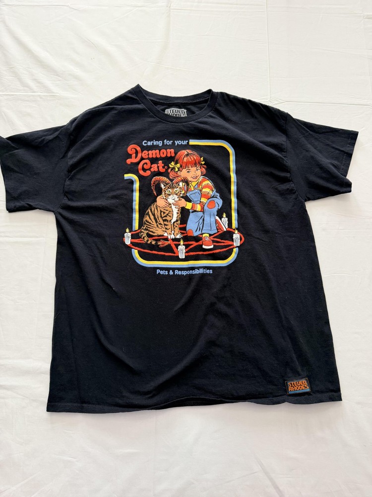Steven Rhodes Demon Cat Shirt Mens XL Black Halloween Retro Horror Graphic Tee