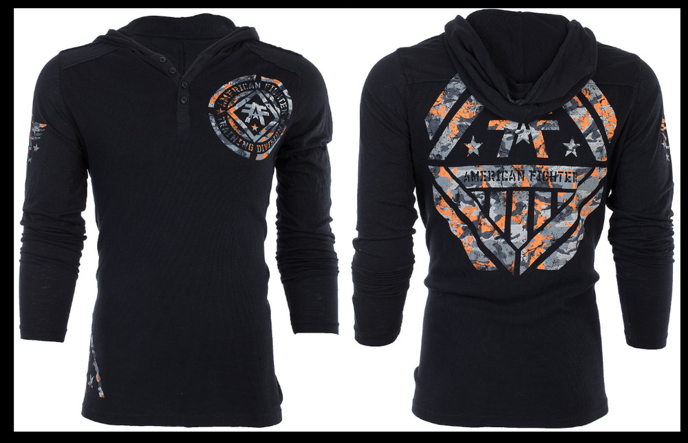 AMERICAN FIGHTER Black AVERETT Long Sleeve Henley Thermal Hoodie T-shirt NWT