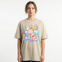 Colorful Seashells Coral Starfish T-Shirt Ocean Beach Summer Tee