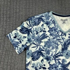 Fresh Brand Shirt Men Medium Blue Hawaiian Tropical Floral Beach Surf Cotton Tee