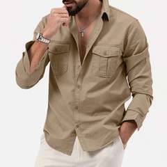 Men’s Cargo Shirt Casual Slim Shirts Long Sleeve Button Down Tops Blouse