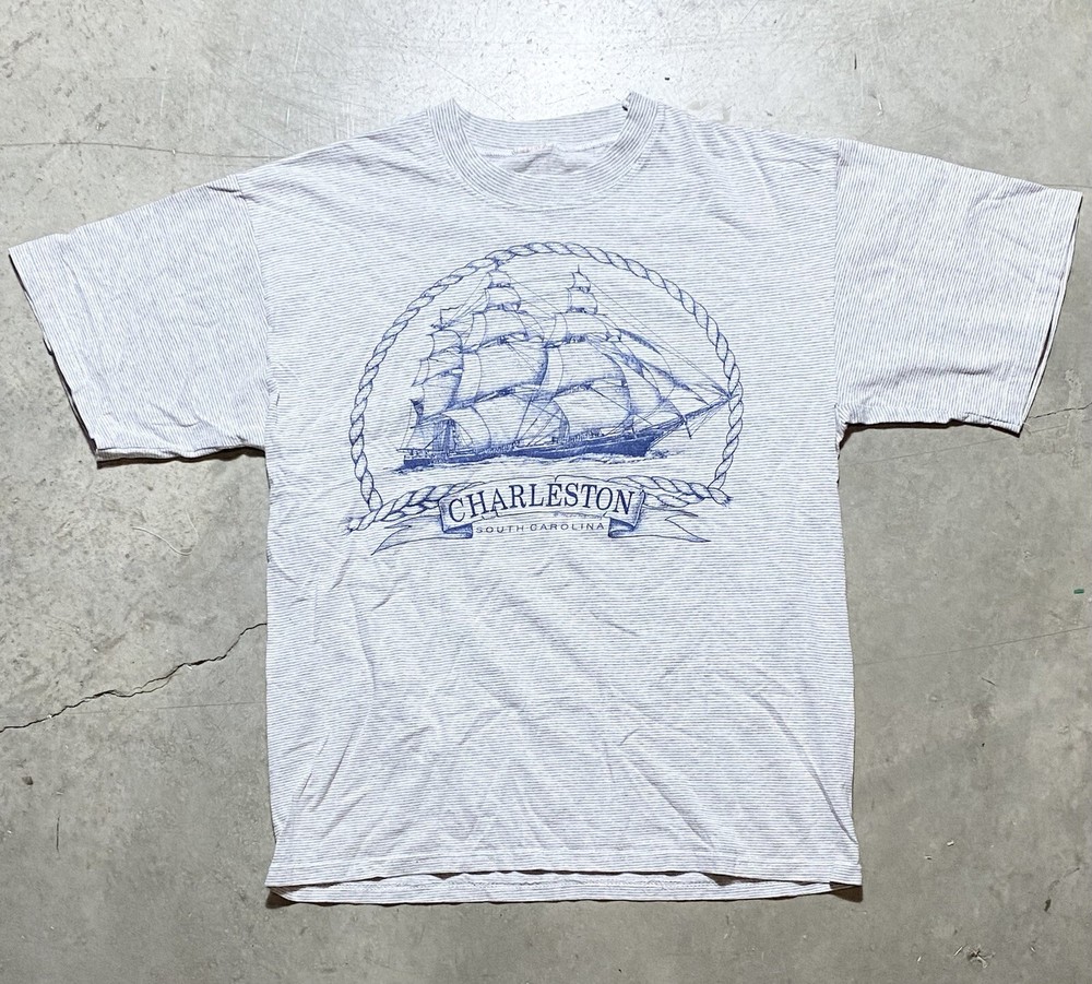 Vintage Cal Cru 1990 90’s Charleston South Carolina Striped T-Shirt sz M