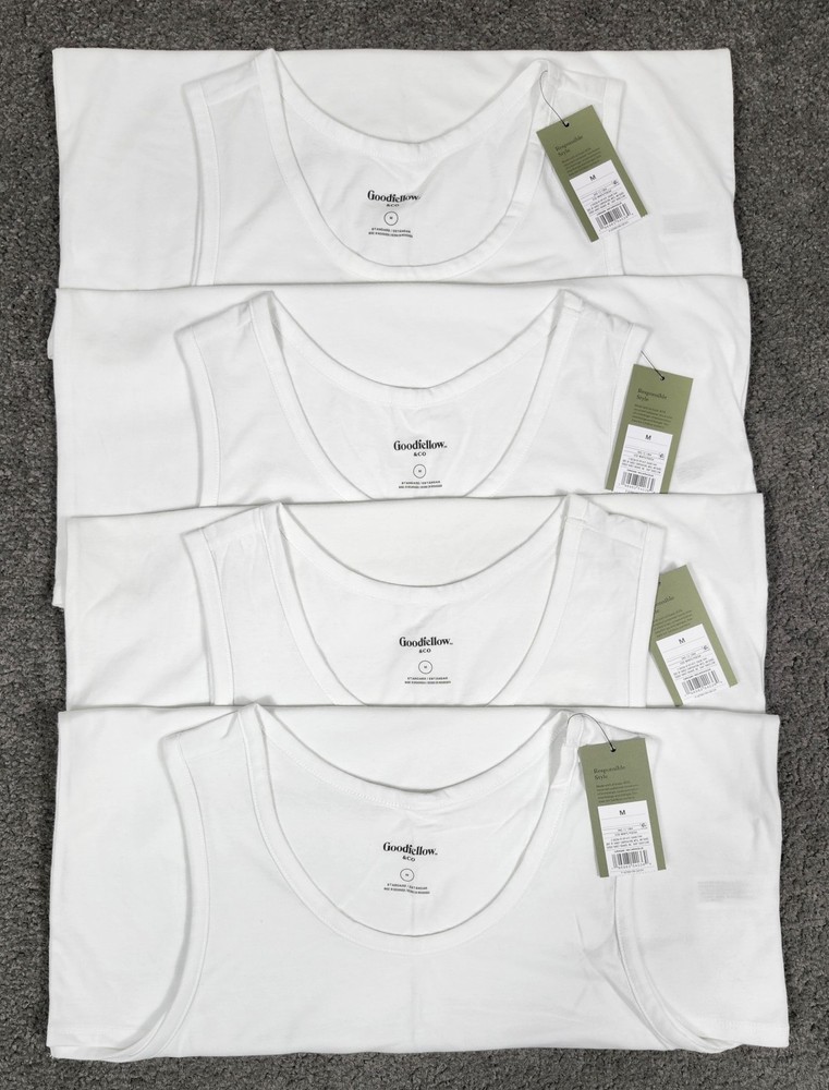 Men’s Sleeveless Tanks T Shirts M White 4 PACK Goodfellow Round Neck Stretch