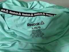 REEBOK Spellout T-Shirt Large Turquoise Polyester/Spandex Lightweight NICE!!