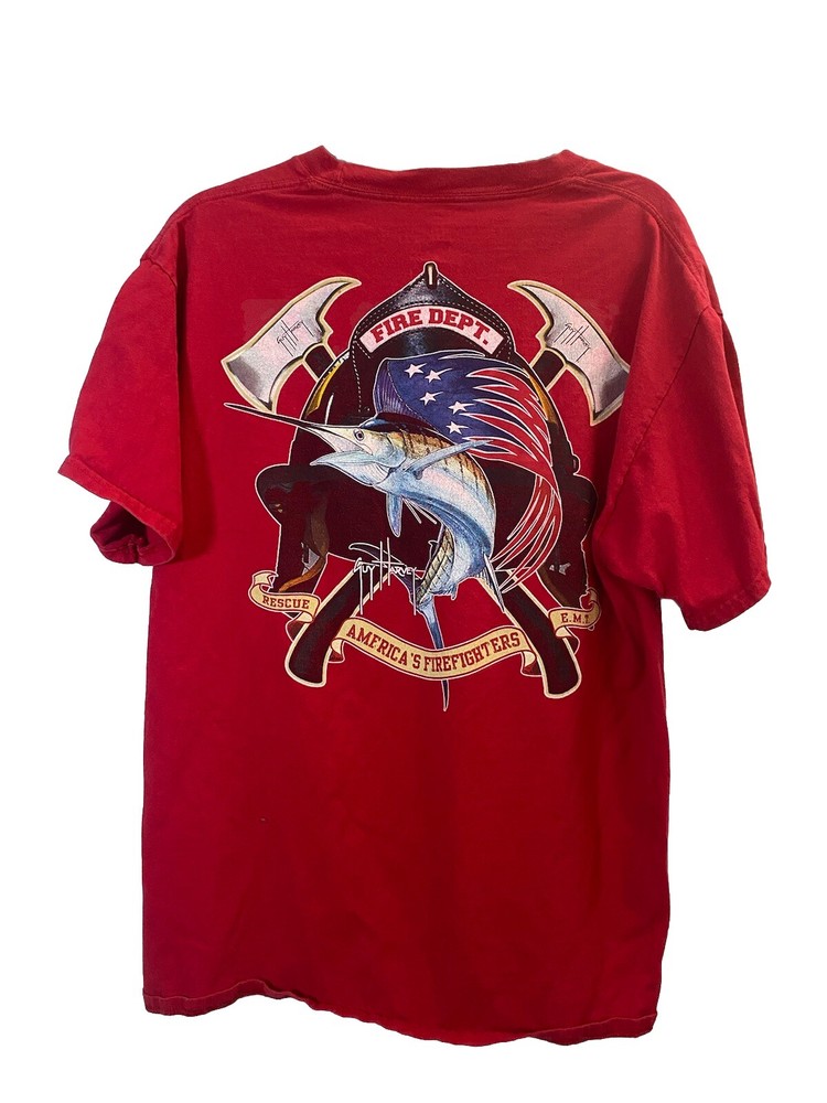 Guy Harvey BlueWater Firefighter Fire Department Swordfish Pocket T Shirt Size L