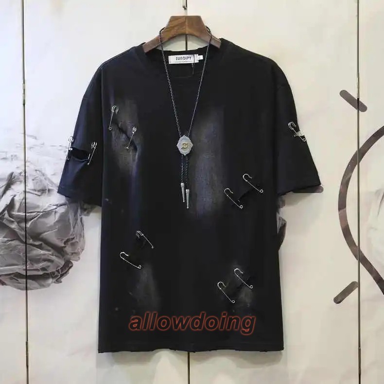 Men’s Punk Rock Distressed T-Shirt Safety Pin Hollow Out High Street Hip Hop Top