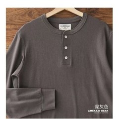 Vintage Men Long Sleeve Henry T-Shirt Pure Color Cotton Shirts Casual Tops