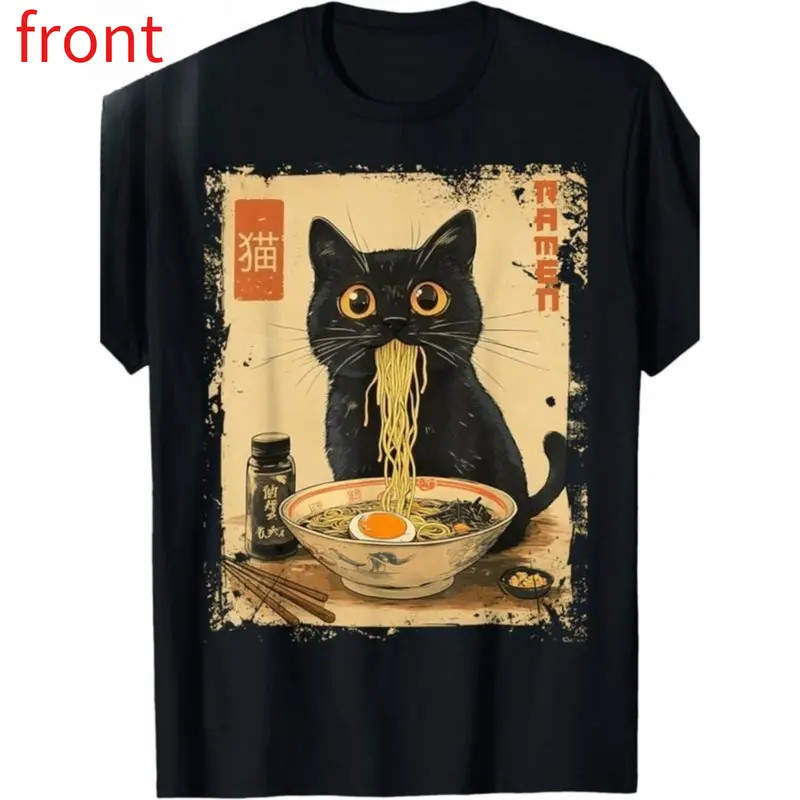 100% Cotton Vintage Kawaii Cat Ramen Graphic T Shirt – Comfortable Crew Neck