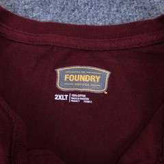 Foundry Henley T Shirt Mens 2XLT Burgandy Heavyweight 3 Button Cotton Round Neck