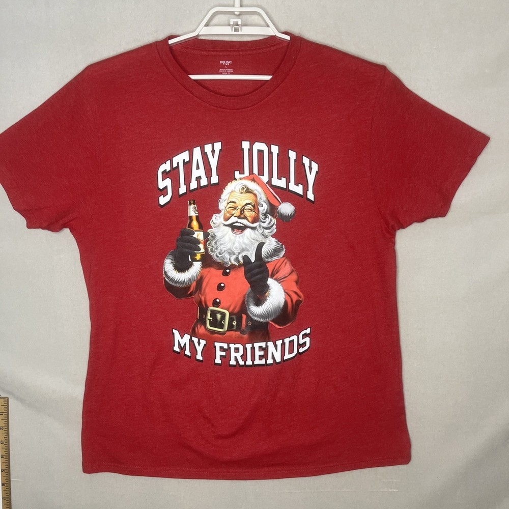 Christmas T Shirt Santa Beer Red Short Sleeve Holiday Time Mens Large Cotton Ble