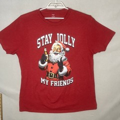 Christmas T Shirt Santa Beer Red Short Sleeve Holiday Time Mens Large Cotton Ble