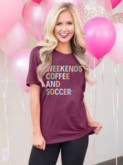 Weekends Coffee Shirt – Soccer Mom Tshirts for Women – Ball Letter Printed Short