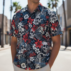 Mens Skull Skeleton Floral Hawaiian Shirt Aloha Button Down Short Sleeve Black