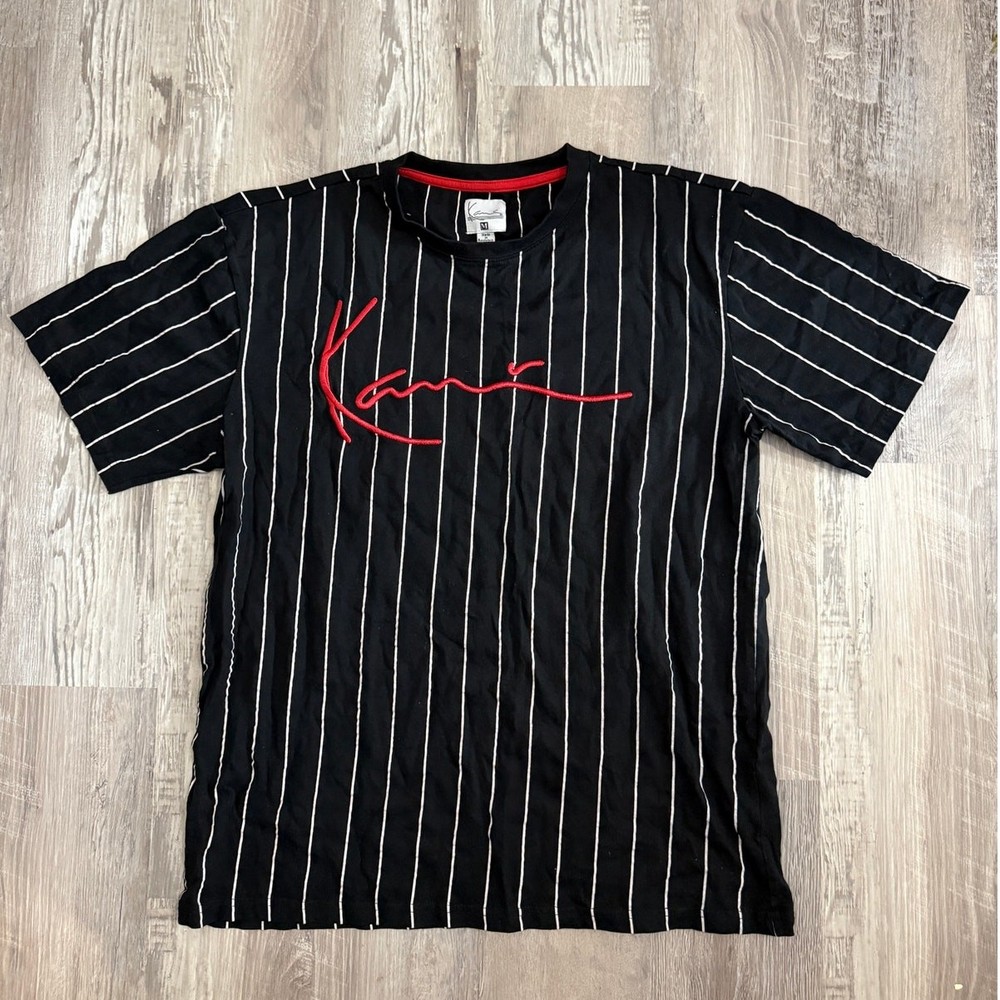 Karl Kani Black & White Pinstripe Embroidered Logo Short Sleeve Tee Mens Size M