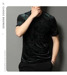 New Men Fashion Bronzing Flocking Trend Silky Velvet Summer Short Sleeve T-Shirt