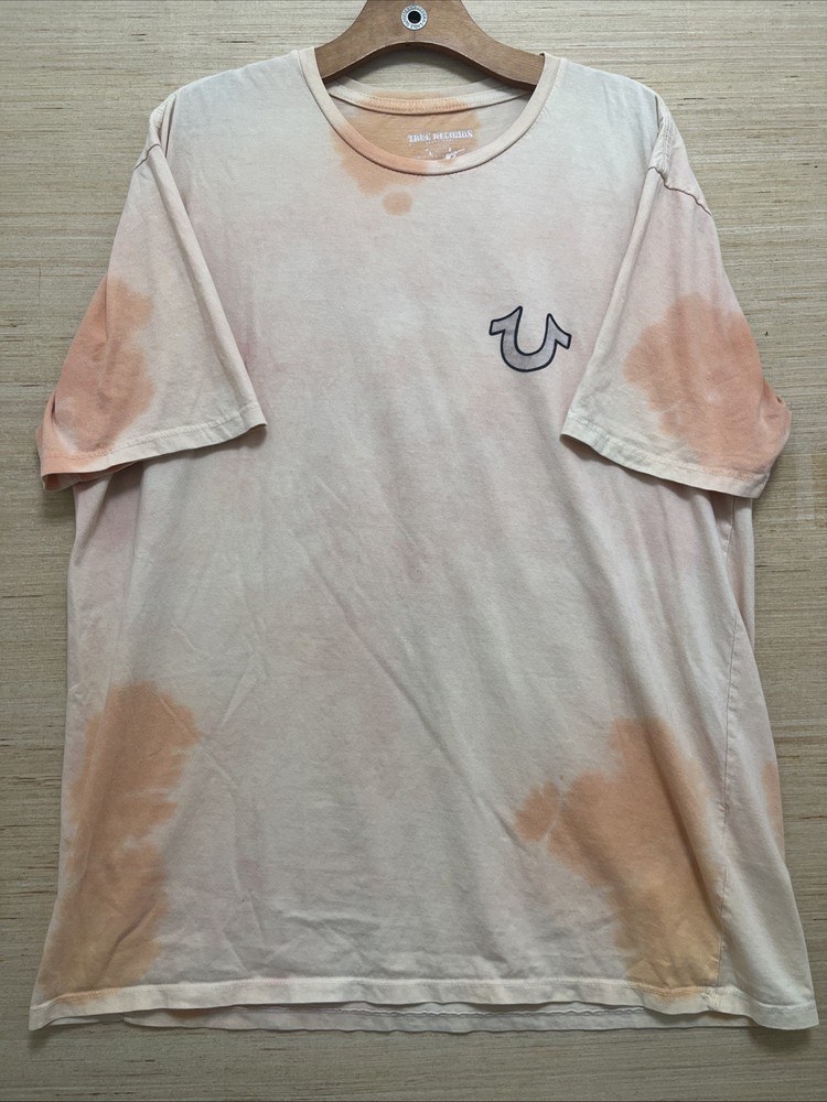 True Religion Men’s Peach/Orange Tie-Dye Buddha Guitar Graphic Tee – XL