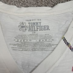 Tommy Hilfiger Mens White Graphic V-Neck Long Sleeve Trim Fit Tee Shirt Large