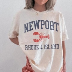 Men’s Classic Graphic Tee – Retro Newport Lobster Print Shirt in Soft 100% Cotto