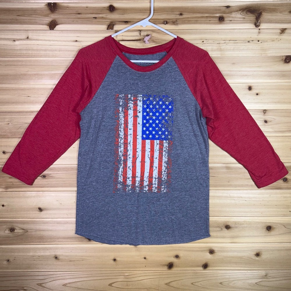 So Rock T-Shirt Mens XS Gray and Red American Flag 3/4 Sleeve Baseball Cut Shirt