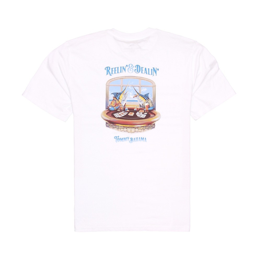 Mens Tommy Bahama Reelin’ and Dealin’ T-Shirt Size S White Graphic Crew Neck