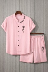 Manfinity Homme Men’s 2-Piece Set Large Baby Pink Button Shirt & Shorts Rose Gra