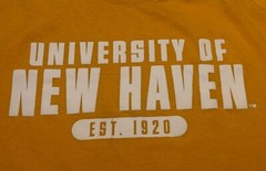 vtg University of New Haven Graphic Tee T-Shirt Sz L MV SPORT Gold Spellout