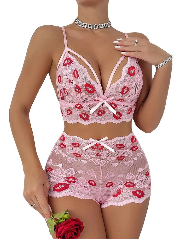 Sexy High Waist Strappy Floral Lace Lingerie Set Bra and Panty Pajamas 2 Piec…