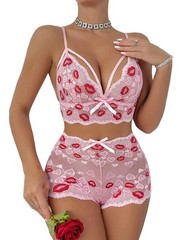 Sexy High Waist Strappy Floral Lace Lingerie Set Bra and Panty Pajamas 2 Piec…