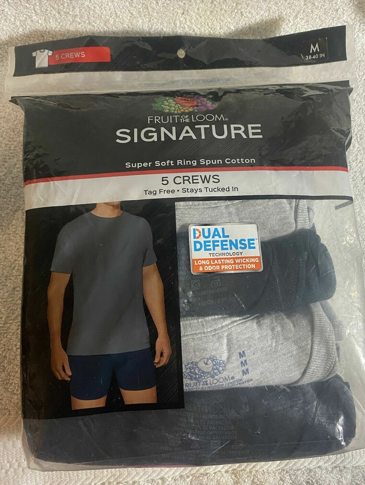 NWT Fruit of The Loom Pack of 5 Men’s Black/Gray Crew T-Shirts MEDIUM (38-40)