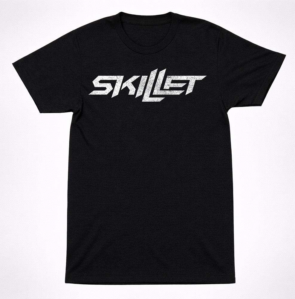 Skillet Text Distressed Logo T-Shirt Black Silver Christian Rock Hard Rock Band