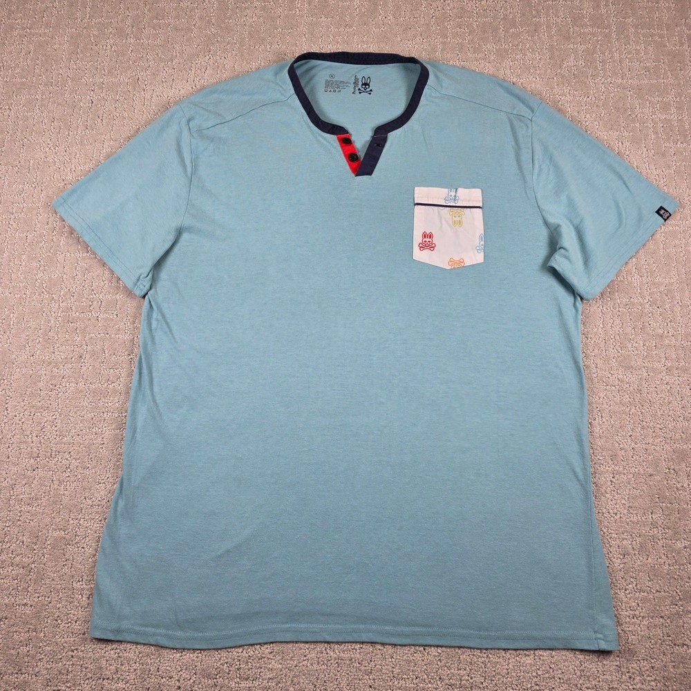 Psycho Bunny Mens XL Henley T-Shirt Blue Logo Pocket Short Sleeve Cotton Blend
