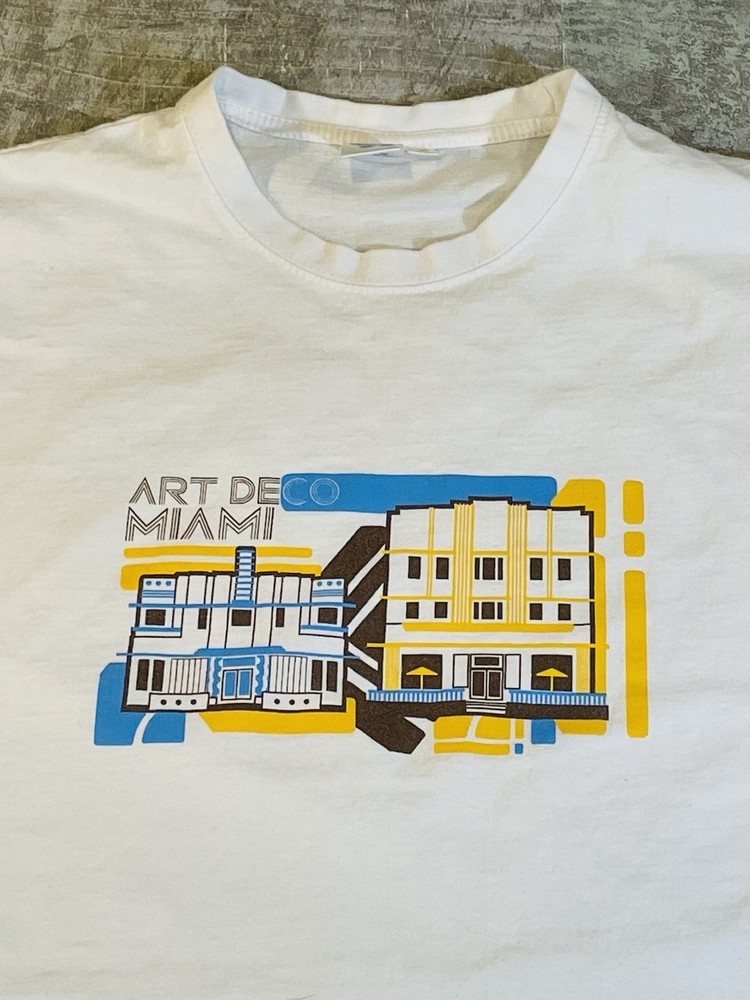 Art Deco Miami Beach Men’s Large White T-Shirt Florida RARE Excellent Shape