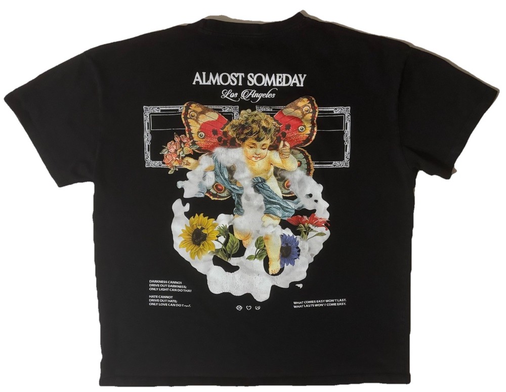 Almost Someday T Shirt Men’s 2XL Butterfly Moth Cherub Angel Floral Graphic